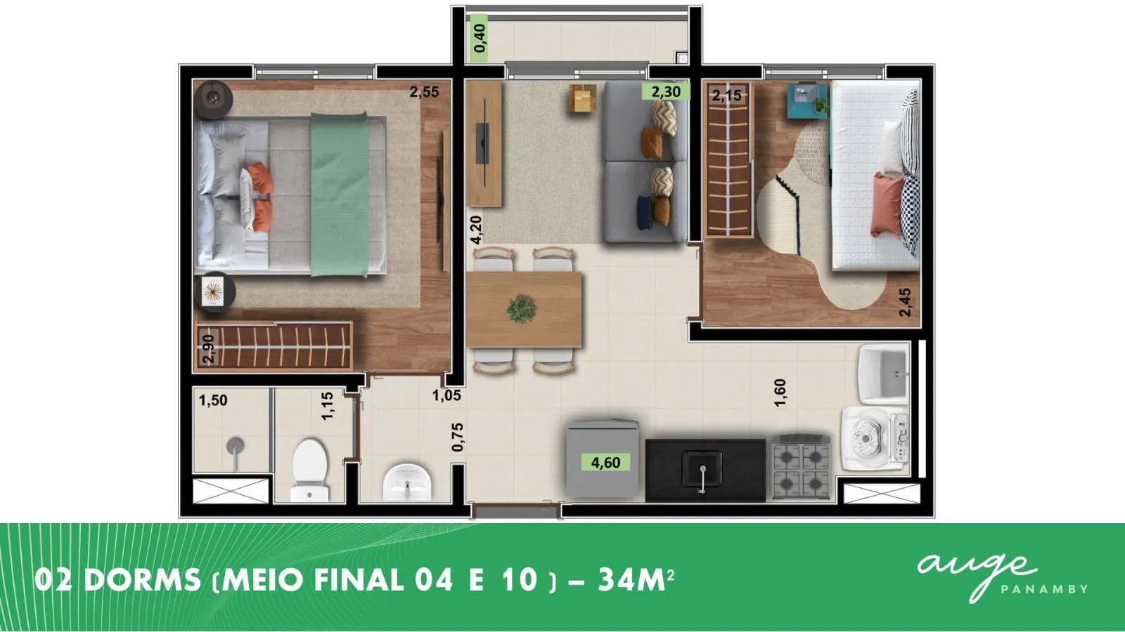 Planta 2 Dormitórios - Meio Final 04 e 10 — 34 m²