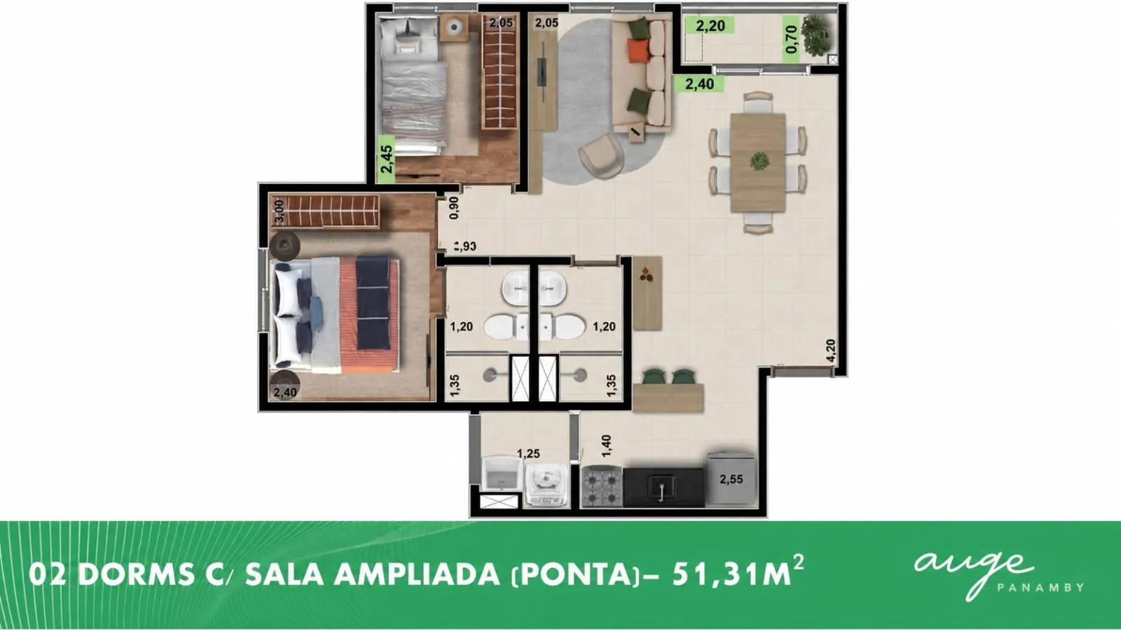 Planta 2 Dormitórios com Sala Ampliada — 51,31 m²