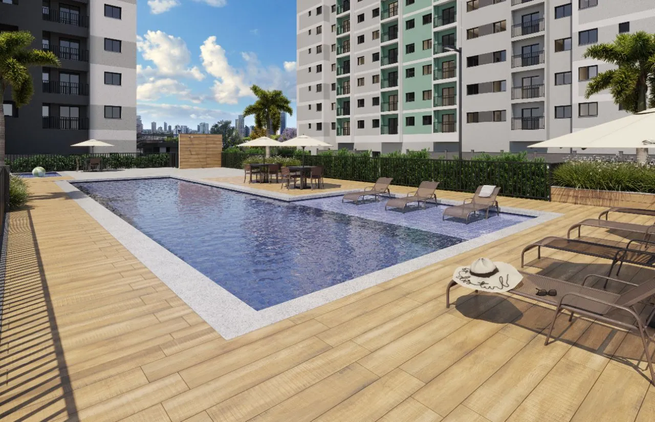 Piscina adulto e infantil com deck molhado — área de lazer completa do Auge Panamby